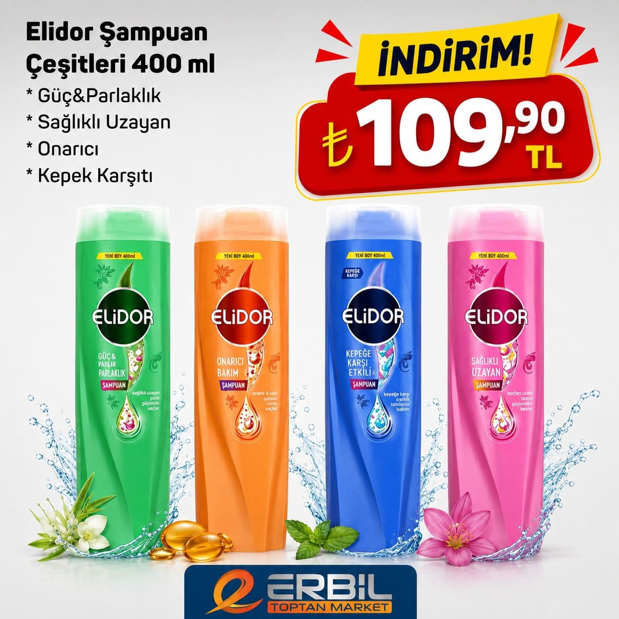 Elidor Şampuan 400 gr (Belirgin bukle,saç dökülmesine karşı,sağlıklı uzayan,güçlü parlak,kepek)